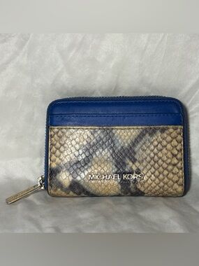Michael Kors Blue & Tan Snakeskin Zip Card Case